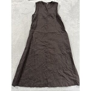 Muji Maxi Dress Women S Brown Vneck Linen Lagenlook Pockets Boho Summer Natural